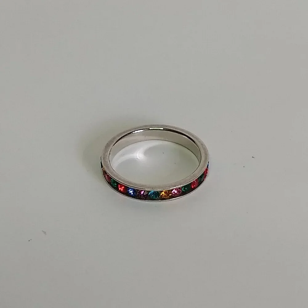Silver Tone Multicolor Rainbow Stone Ring Band Marked ATI Taiwan Size 8 Colorful
